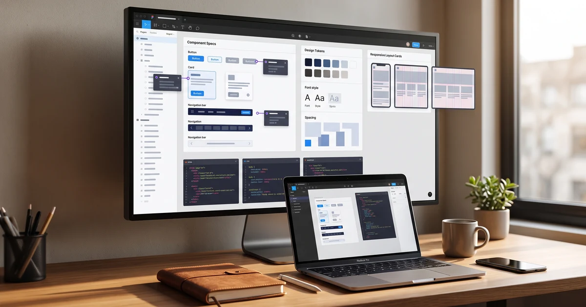 Design handoff with tokens and component specs Design handoff workspace with token sheets, component specifications, annotation pins, and developer-ready interface notes.